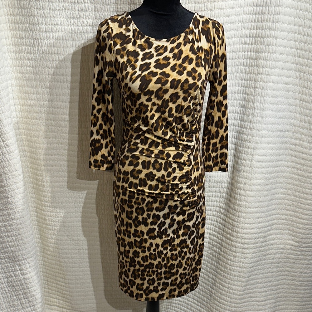 Jennifer Lopez Cheetah Animal Print 3/4 Sleeve Midi Length Dress Size Small